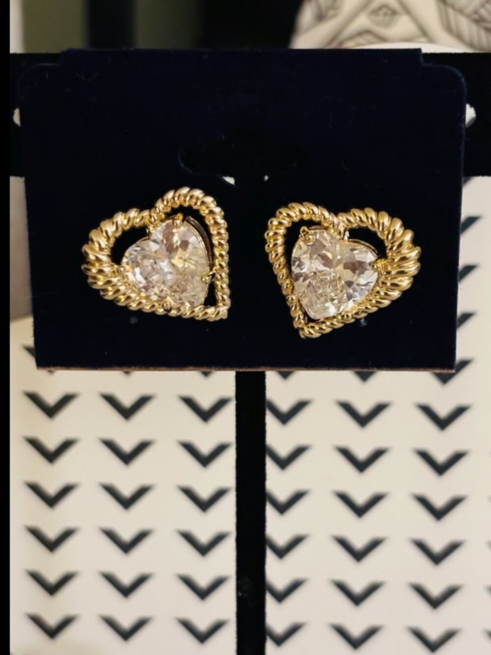 Gold CZ Heart Stud Earrings